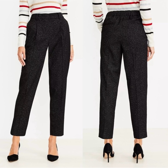 New LOFT Size LT Black Sparkle Trouser High Rise Pleated Pull On Ankle Pants - Picture 1 of 4